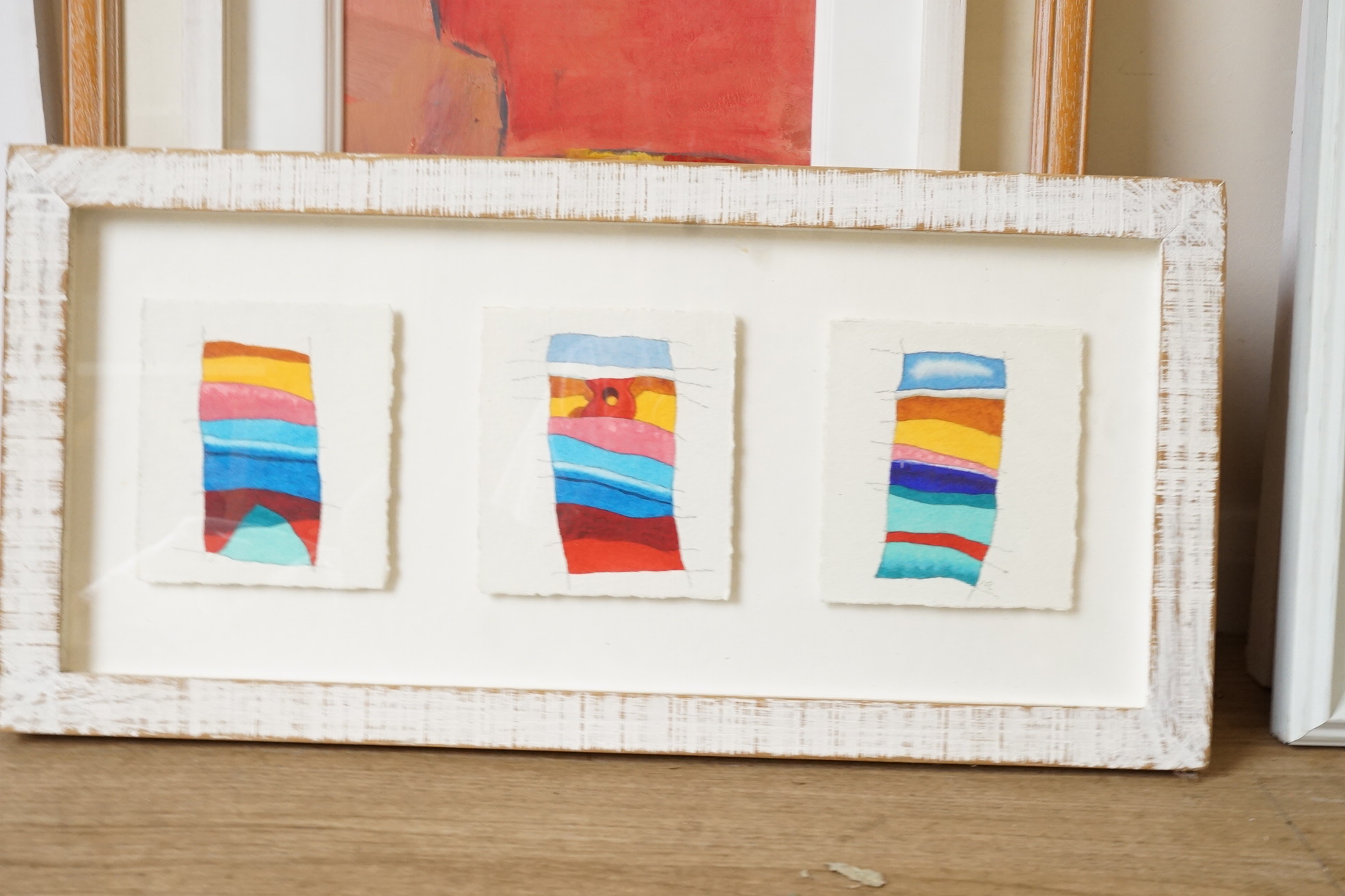 Sri Lankan School, three untitled abstracts, framed as one, indistinctly signed and dated 2006 verso, watercolours, each 14 x 11cm